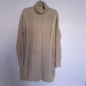 Cream Cable Turtleneck Sweater Dress Tunic Midi Large Fisherman Chunky Preppy